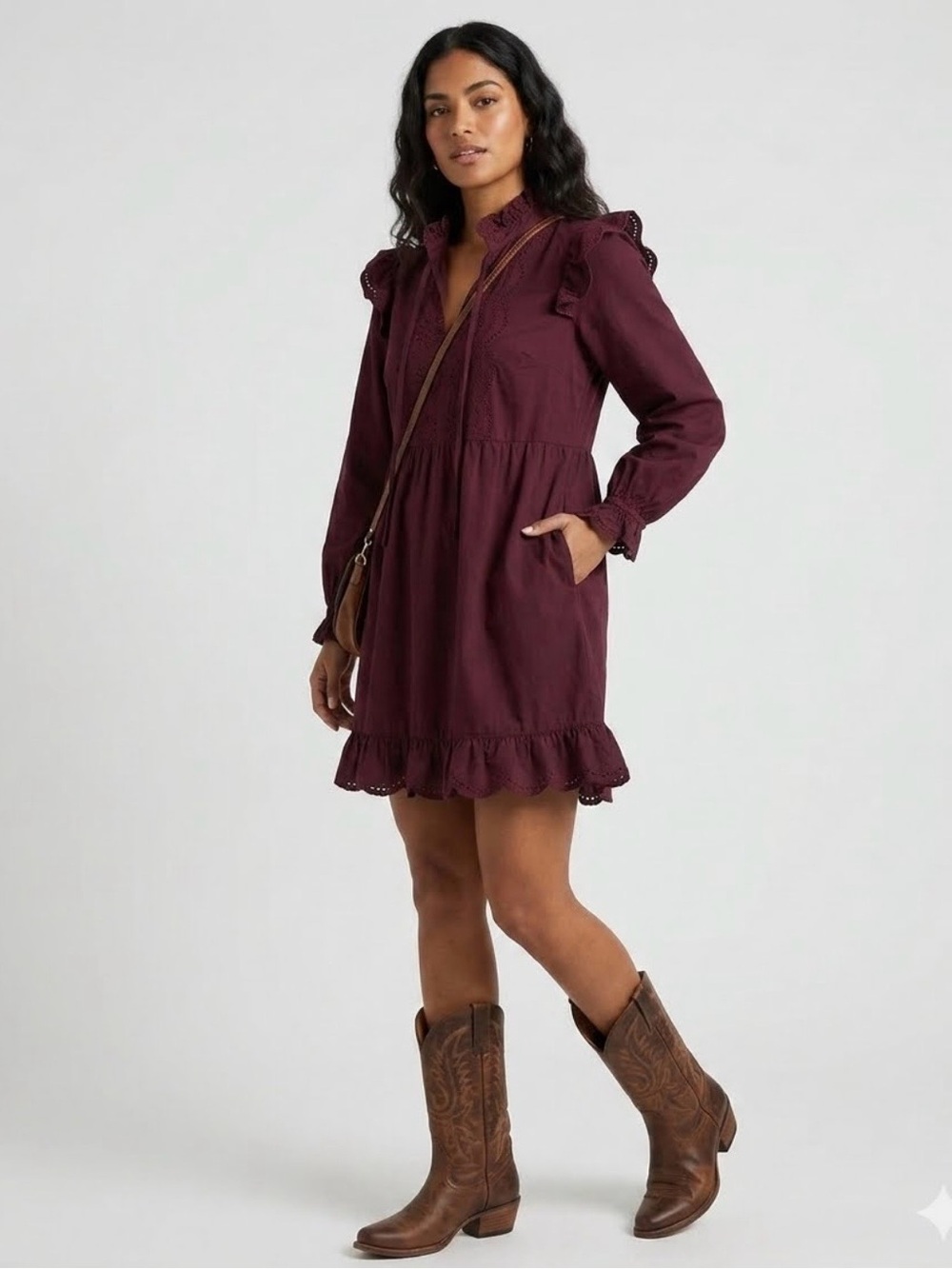 GAP Women's Eyelet Embroidered Burgundy Ruffle Long-Sleeve Mini Dress XL Tall